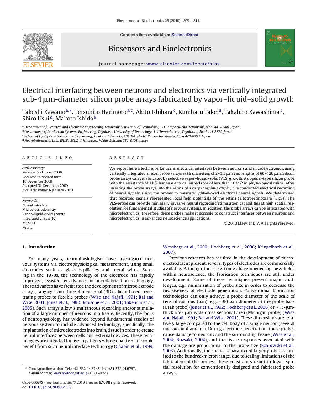 Electrical interfacing between neurons and electronics via vertically integrated sub-4 μm-diameter silicon probe arrays fabricated by vapor–liquid–solid growth