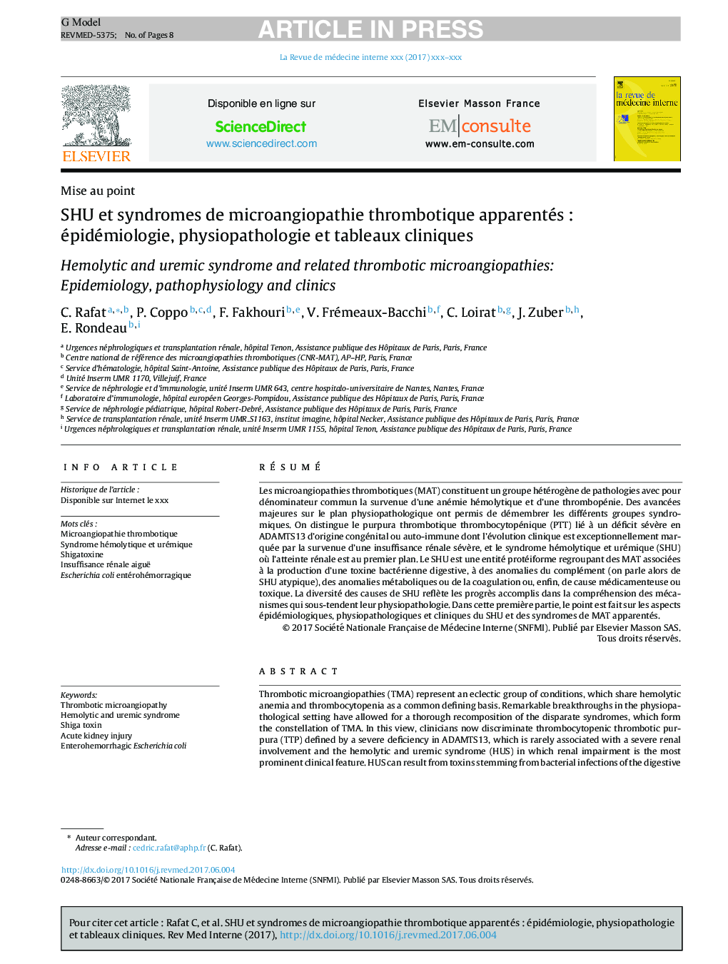 SHU et syndromes de microangiopathie thrombotique apparentésÂ : épidémiologie, physiopathologie et tableaux cliniques