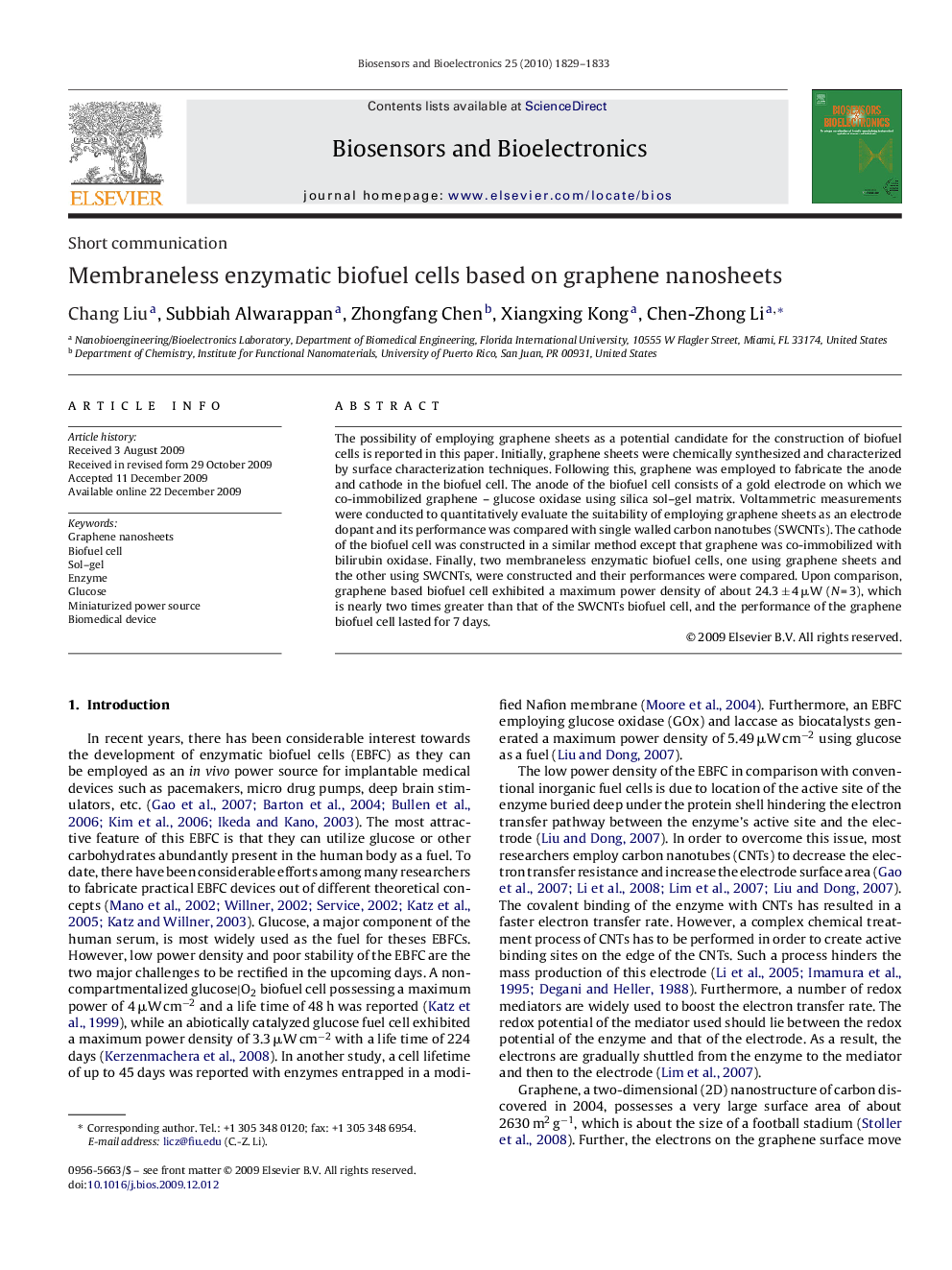 Membraneless enzymatic biofuel cells based on graphene nanosheets