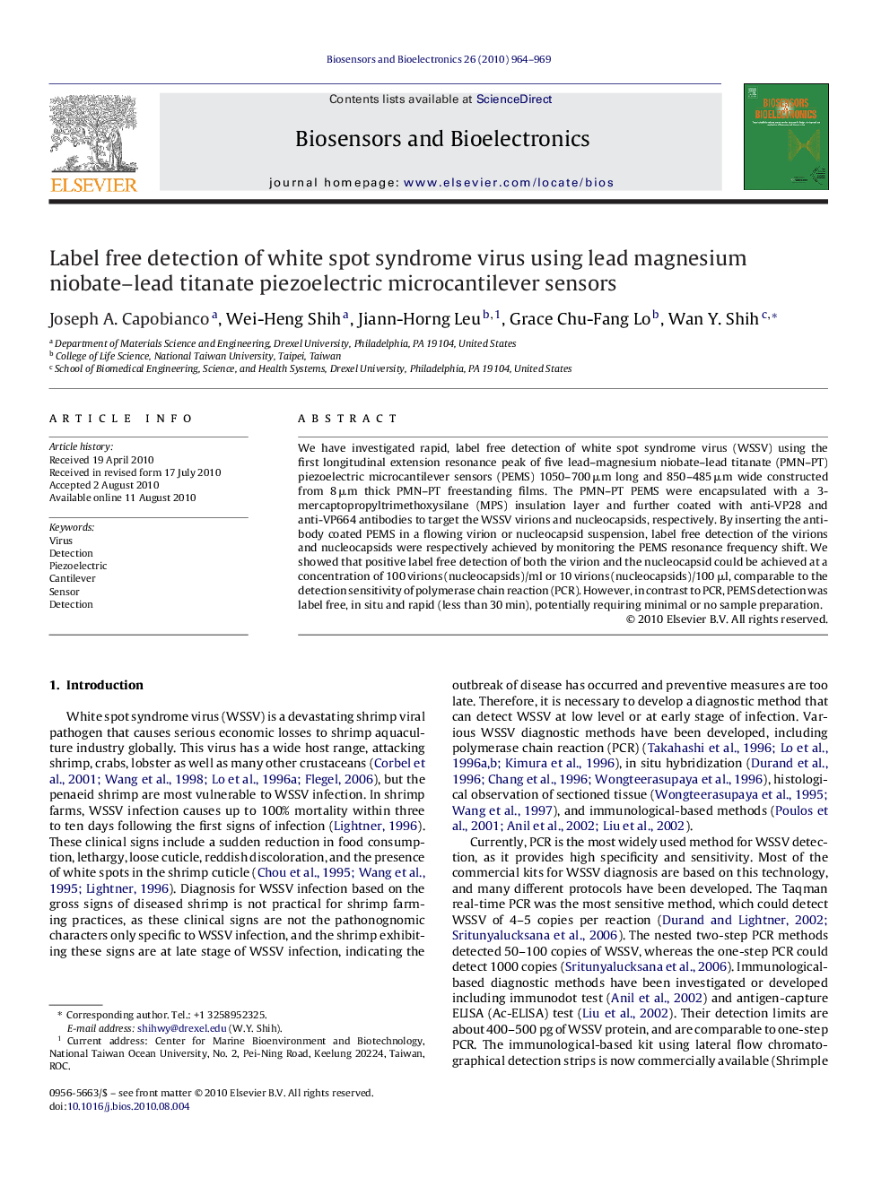 Label free detection of white spot syndrome virus using lead magnesium niobate–lead titanate piezoelectric microcantilever sensors