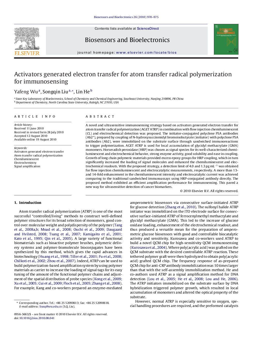 Activators generated electron transfer for atom transfer radical polymerization for immunosensing