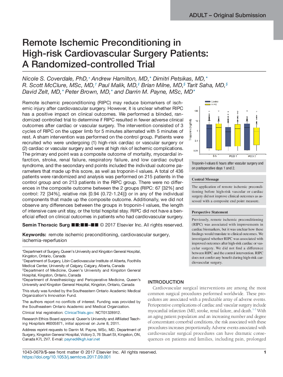 Remote Ischemic Preconditioning in High-risk Cardiovascular Surgery Patients: A Randomized-controlled Trial