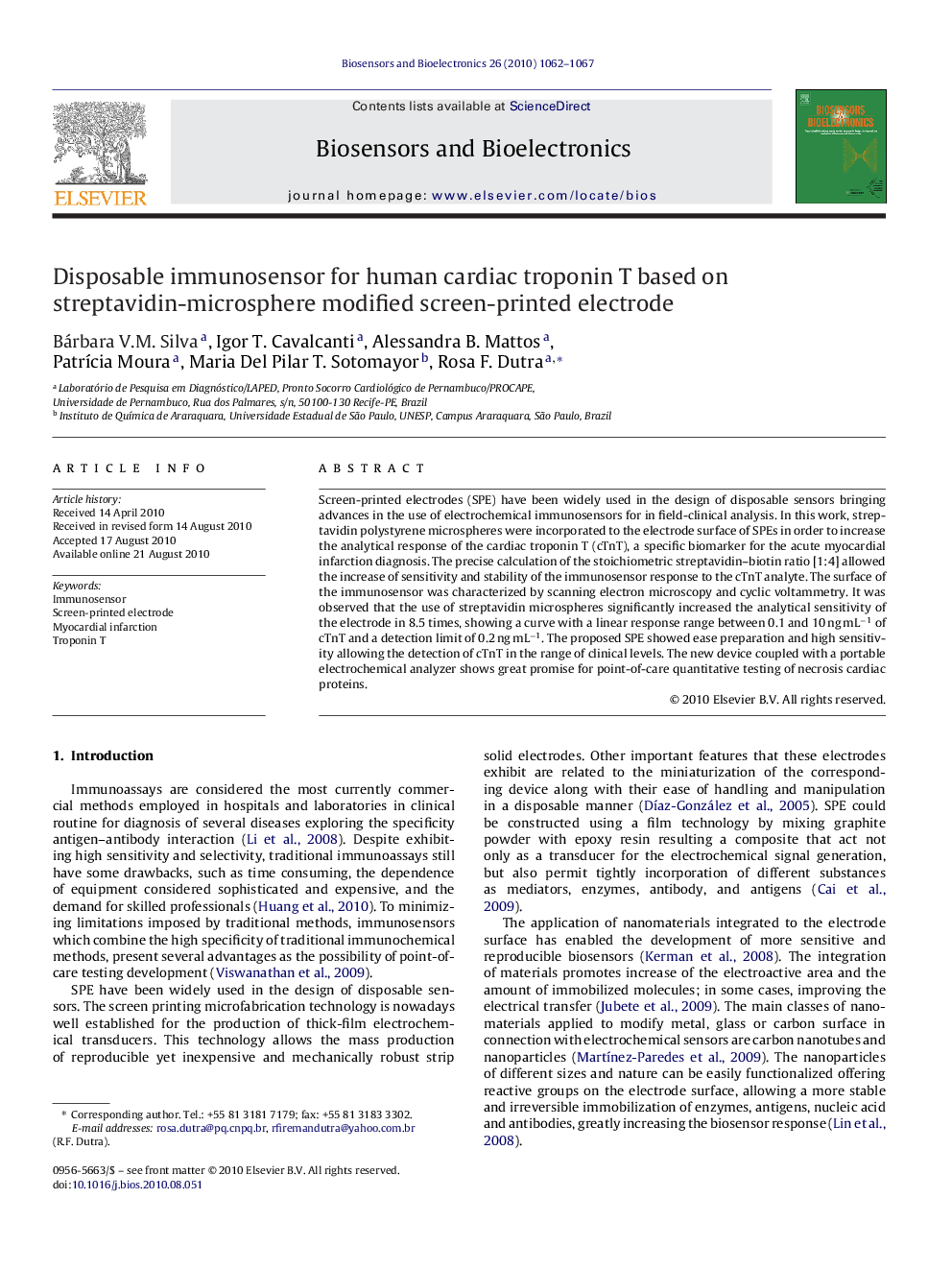 Disposable immunosensor for human cardiac troponin T based on streptavidin-microsphere modified screen-printed electrode