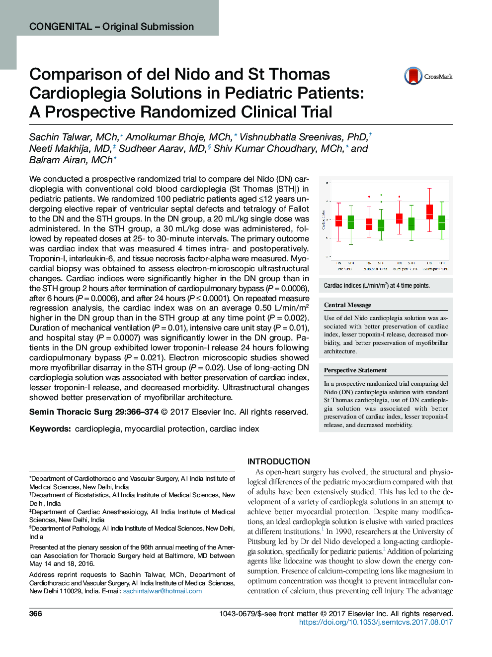 Comparison of del Nido and St Thomas Cardioplegia Solutions in Pediatric Patients: A Prospective Randomized Clinical Trial