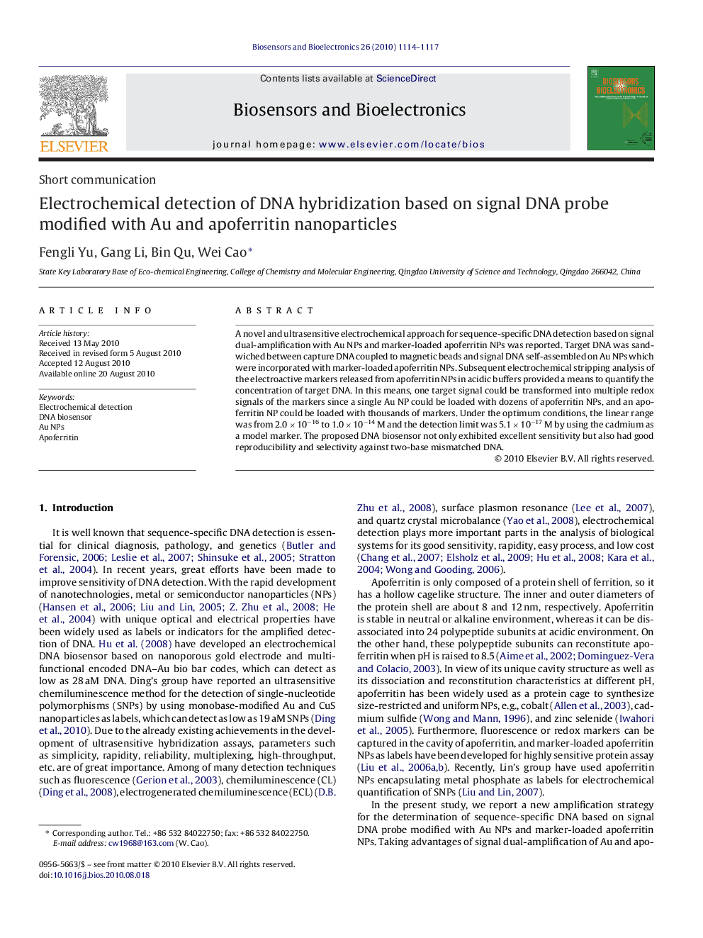 Electrochemical detection of DNA hybridization based on signal DNA probe modified with Au and apoferritin nanoparticles