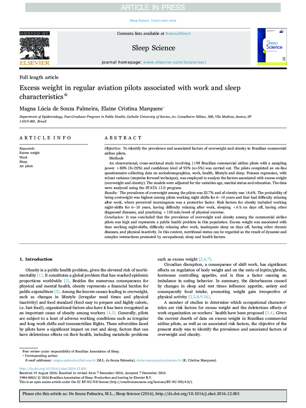 Excess weight in regular aviation pilots associated with work and sleep characteristics