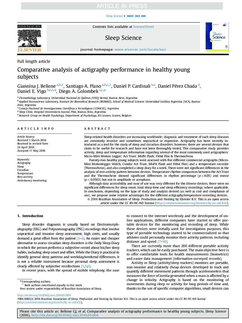 Comparative analysis of actigraphy performance in healthy young subjects