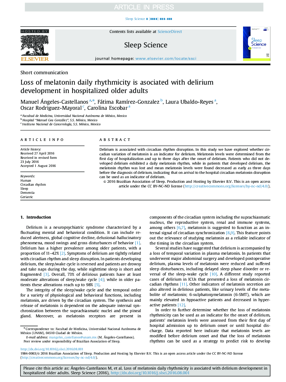 Loss of melatonin daily rhythmicity is asociated with delirium development in hospitalized older adults