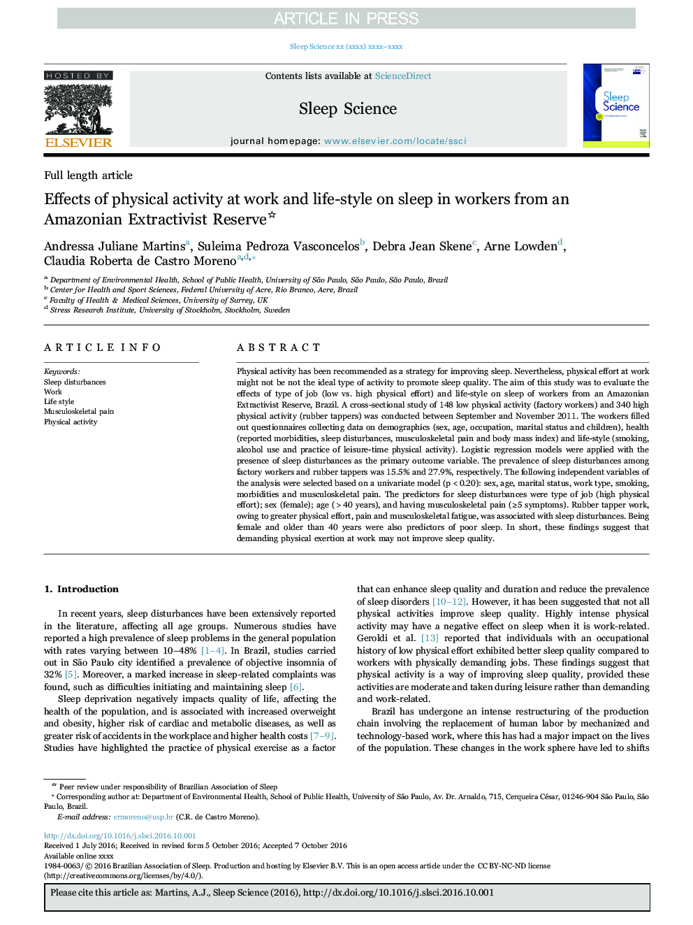 Effects of physical activity at work and life-style on sleep in workers from an Amazonian Extractivist Reserve