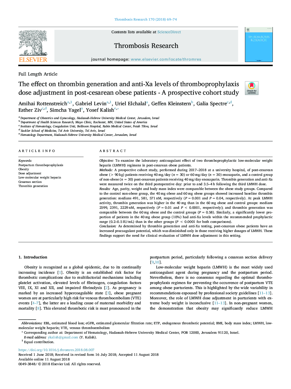 The effect on thrombin generation and anti-Xa levels of thromboprophylaxis dose adjustment in post-cesarean obese patients - A prospective cohort study