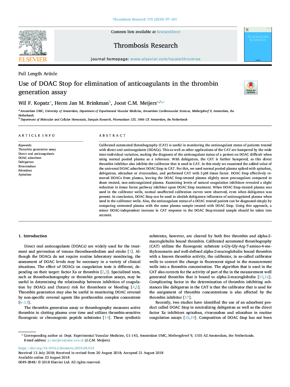 Use of DOAC Stop for elimination of anticoagulants in the thrombin generation assay