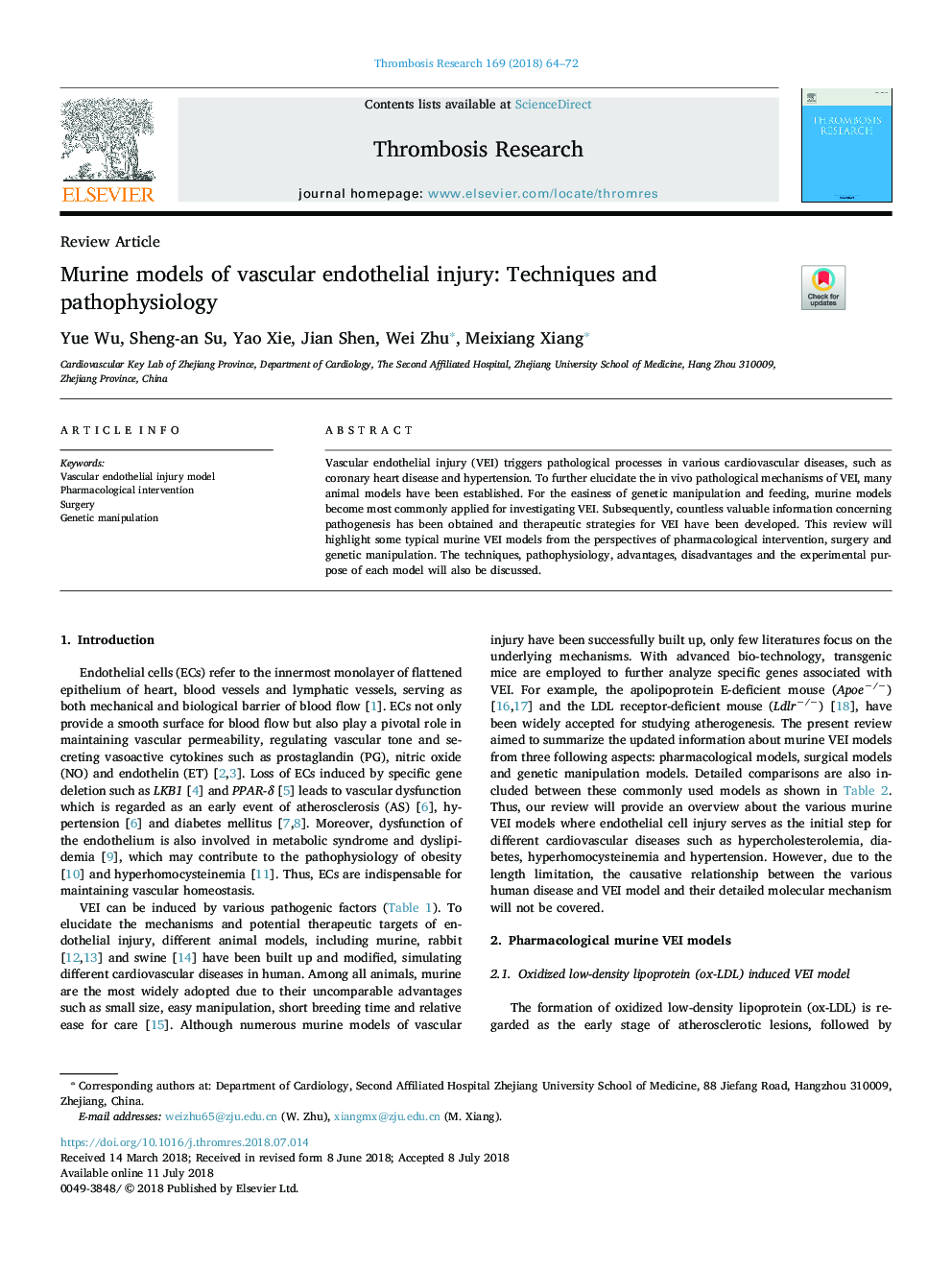 Murine models of vascular endothelial injury: Techniques and pathophysiology