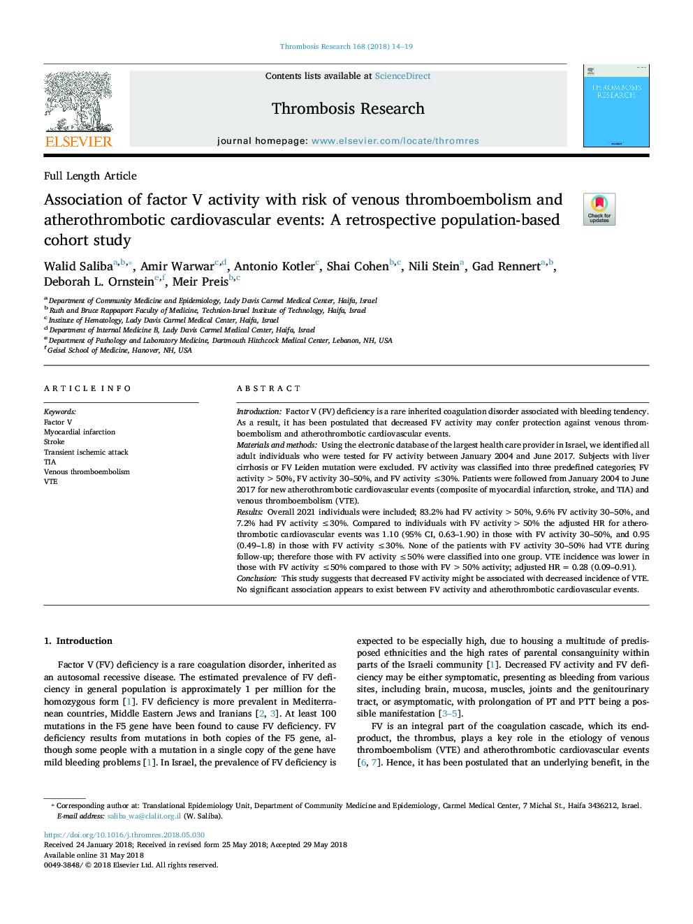 Association of factor V activity with risk of venous thromboembolism and atherothrombotic cardiovascular events: A retrospective population-based cohort study