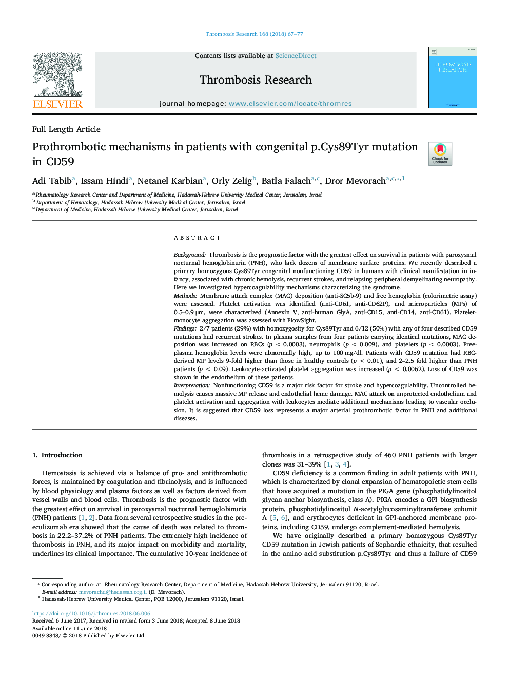 Prothrombotic mechanisms in patients with congenital p.Cys89Tyr mutation in CD59