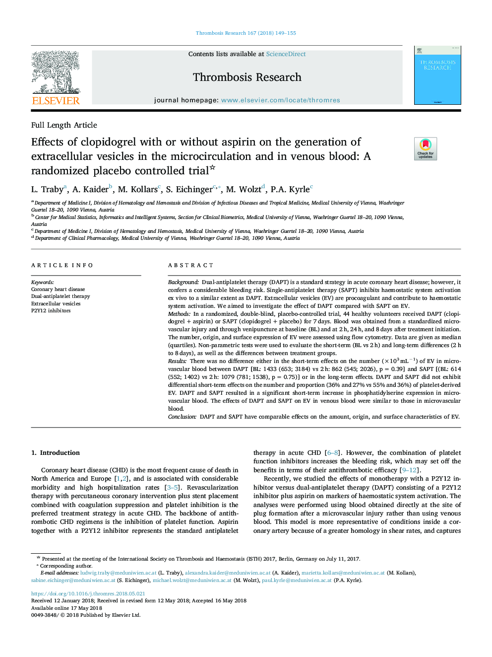عکس صفحه اول مقاله: Effects of clopidogrel with or without aspirin on the generation of extracellular vesicles in the microcirculation and in venous blood: A randomized placebo controlled trial Effects of clopidogrel with or without aspirin on the generation of extracellular vesicles in the microcirculation and in venous blood: A randomized placebo controlled trial