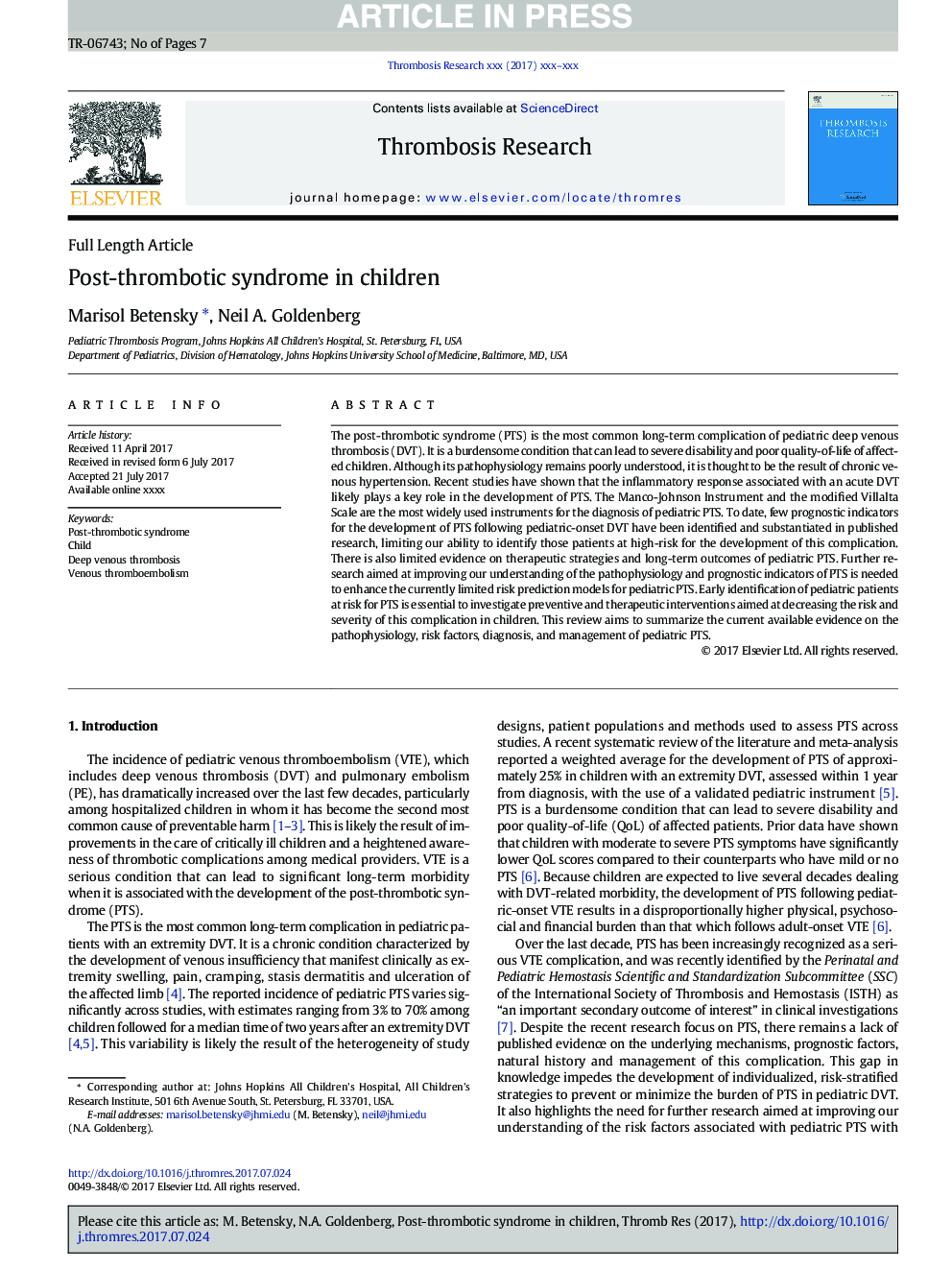 Post-thrombotic syndrome in children