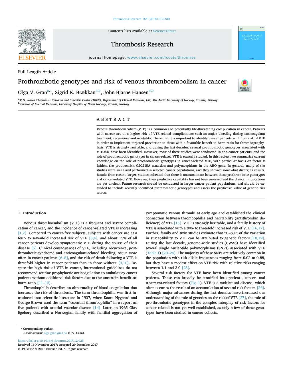 Prothrombotic genotypes and risk of venous thromboembolism in cancer