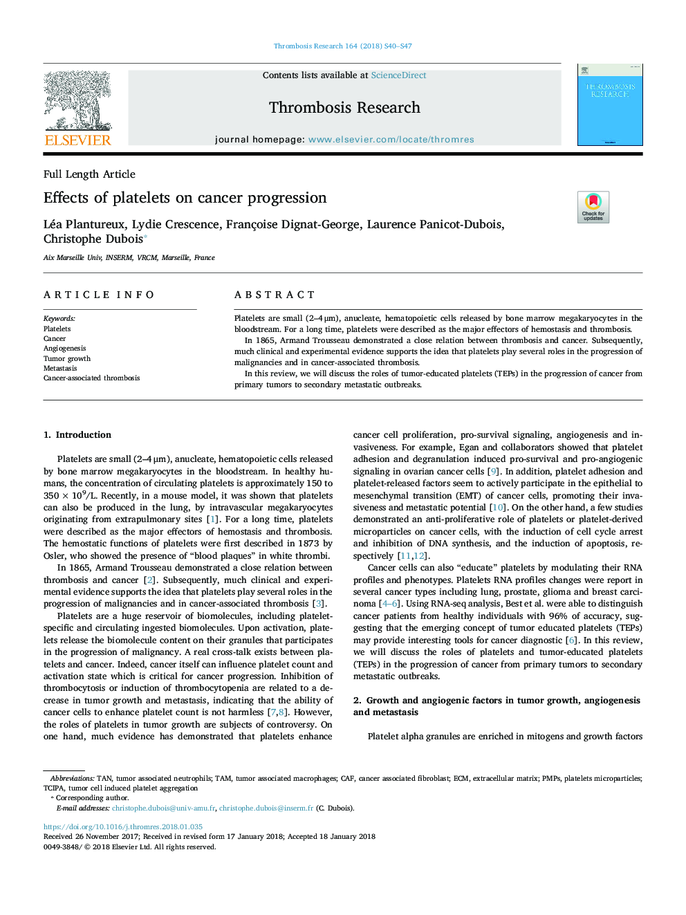 Effects of platelets on cancer progression