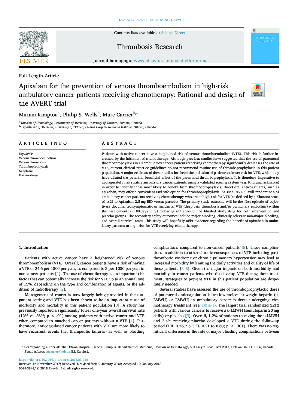 Apixaban for the prevention of venous thromboembolism in high-risk ambulatory cancer patients receiving chemotherapy: Rational and design of the AVERT trial