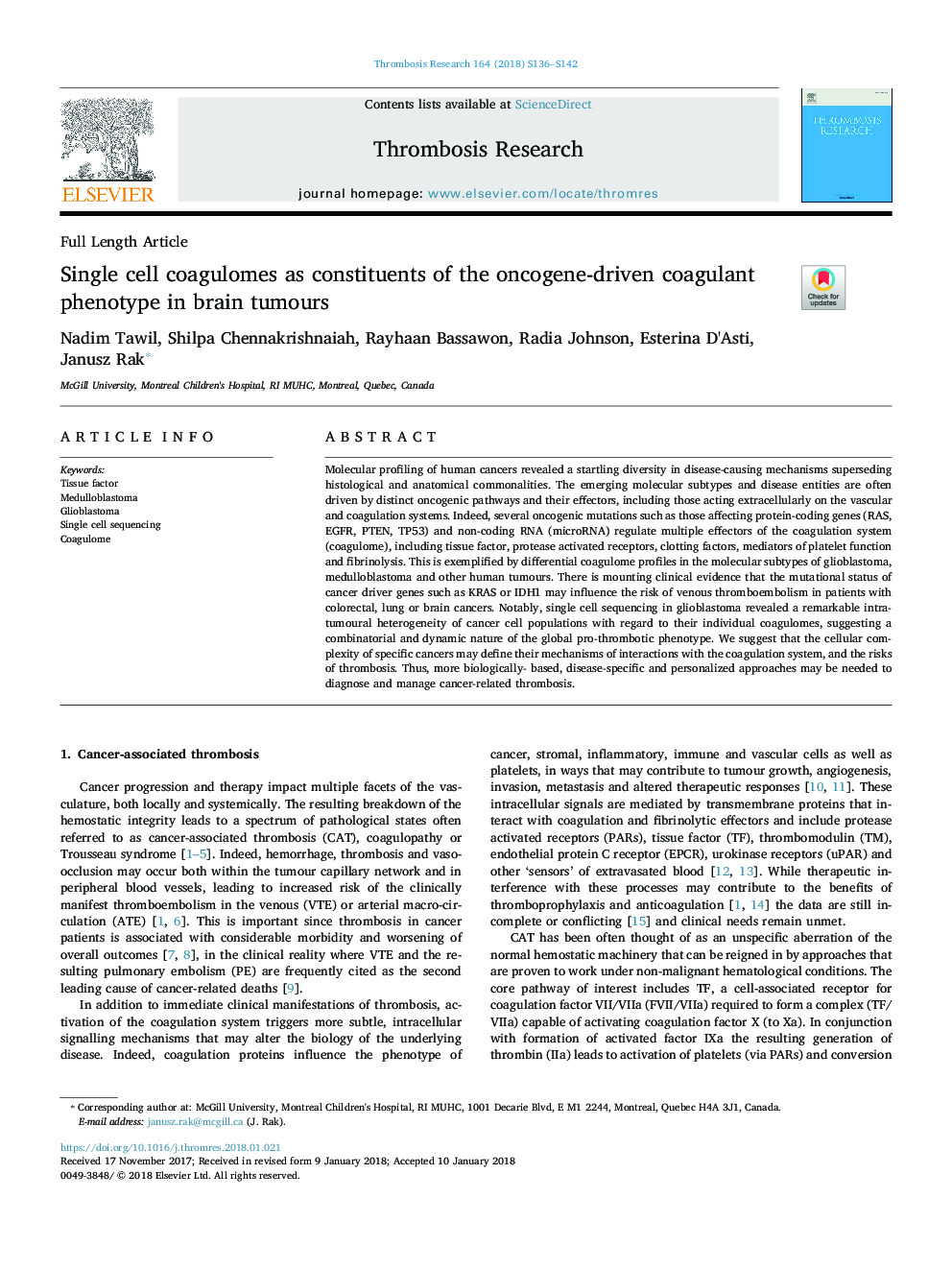 Single cell coagulomes as constituents of the oncogene-driven coagulant phenotype in brain tumours