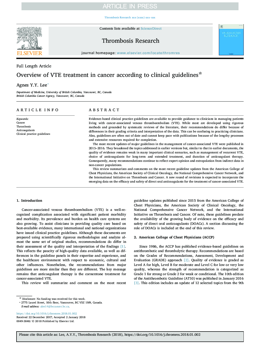 عکس صفحه اول مقاله: Overview of VTE treatment in cancer according to clinical guidelines Overview of VTE treatment in cancer according to clinical guidelines