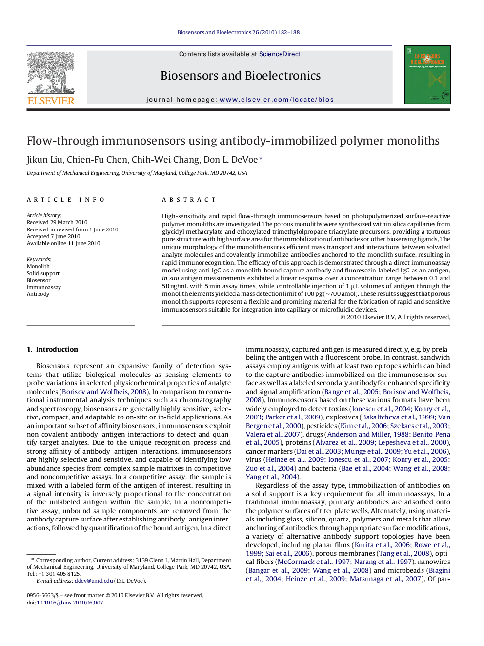 Flow-through immunosensors using antibody-immobilized polymer monoliths