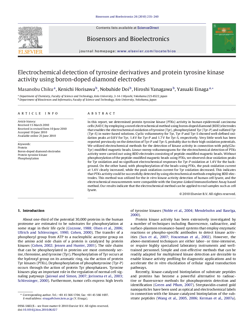 Electrochemical detection of tyrosine derivatives and protein tyrosine kinase activity using boron-doped diamond electrodes