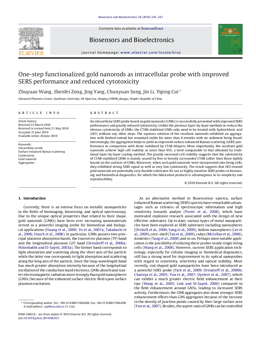 One-step functionalized gold nanorods as intracellular probe with improved SERS performance and reduced cytotoxicity