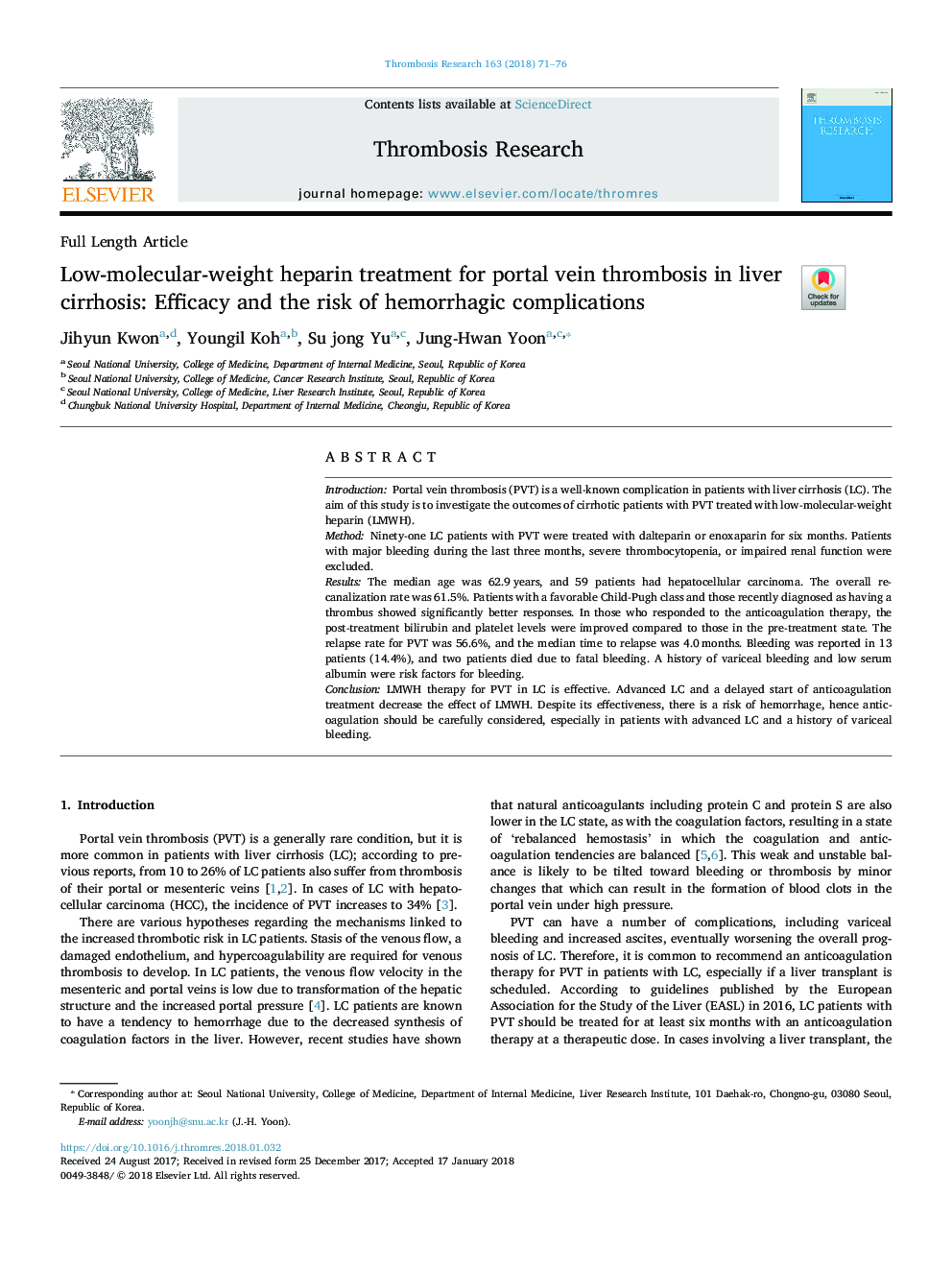 Low-molecular-weight heparin treatment for portal vein thrombosis in liver cirrhosis: Efficacy and the risk of hemorrhagic complications