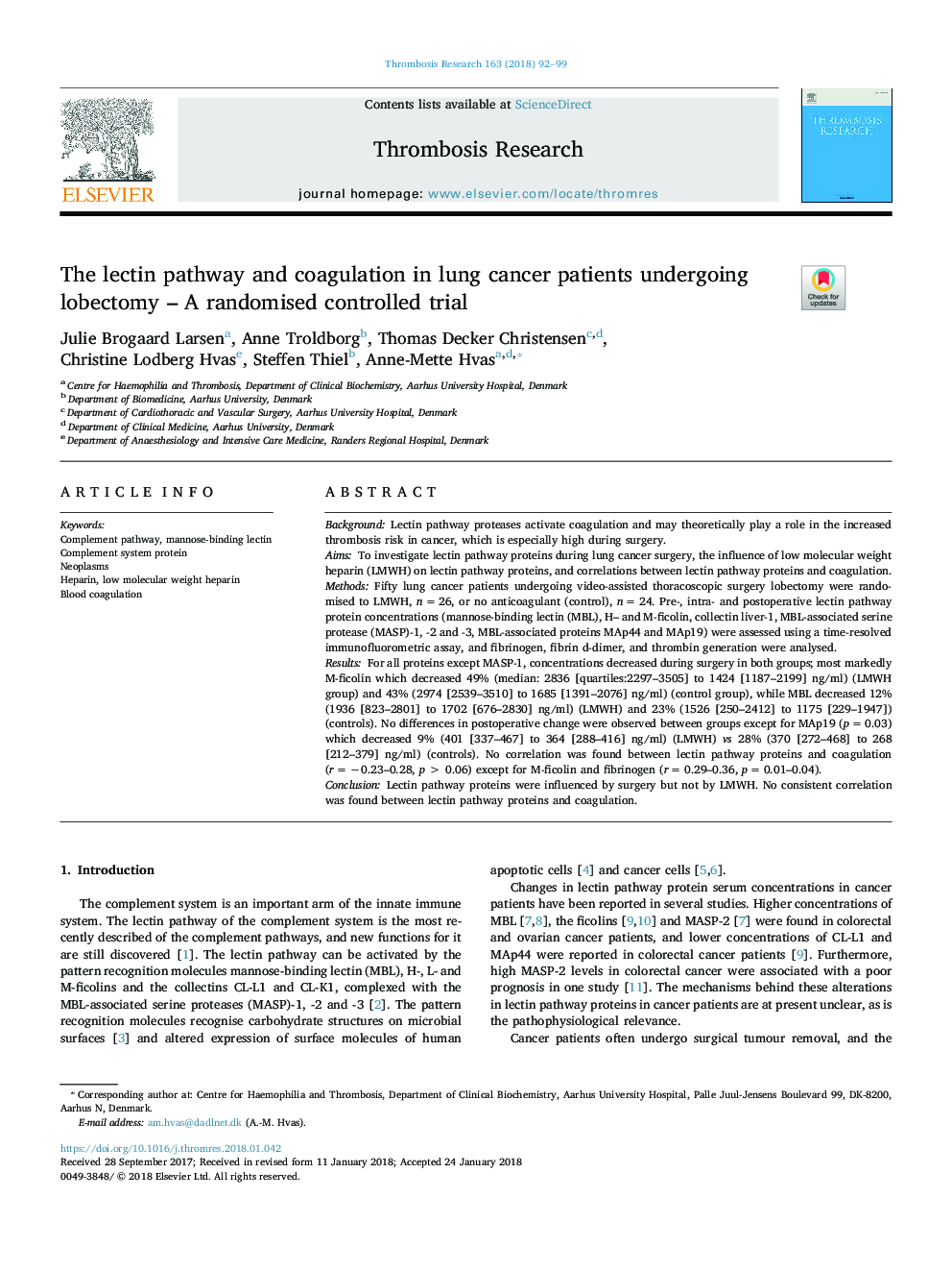 The lectin pathway and coagulation in lung cancer patients undergoing lobectomy - A randomised controlled trial