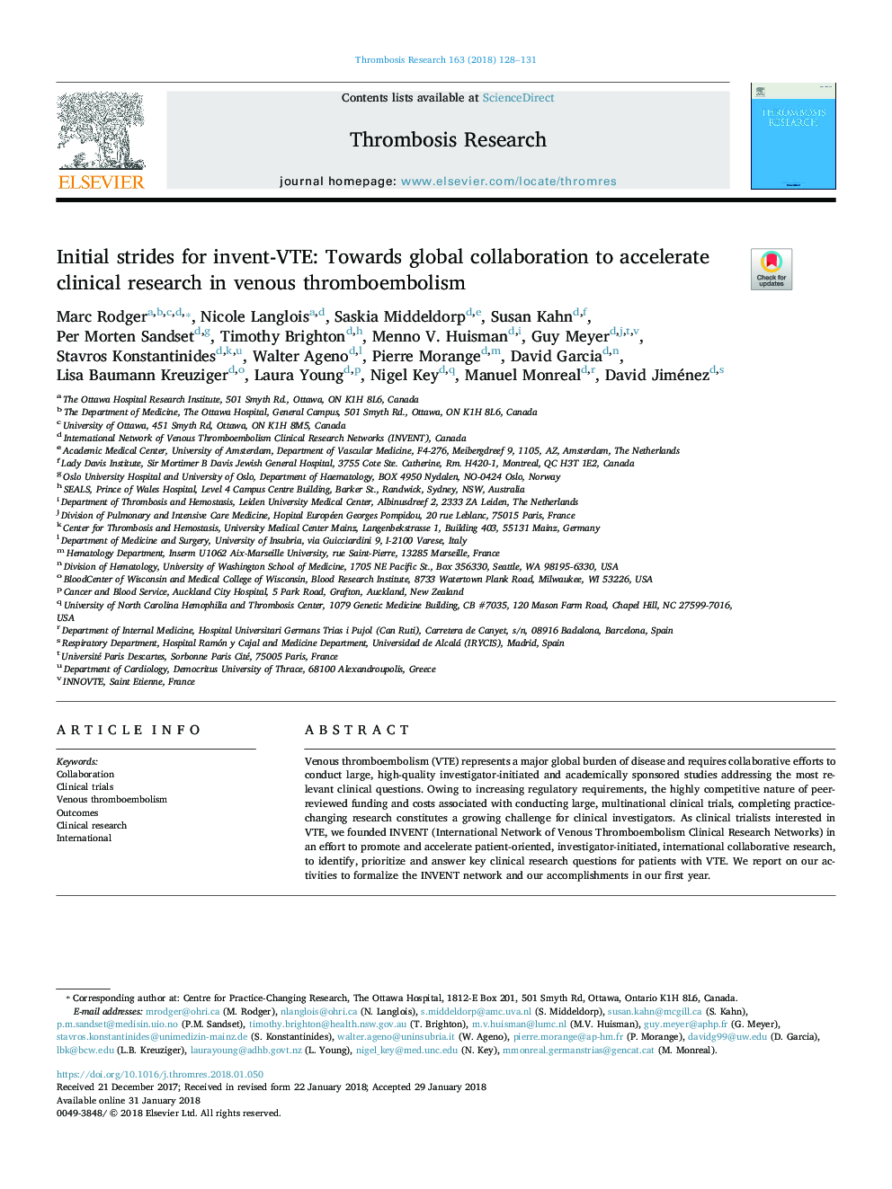 Initial strides for invent-VTE: Towards global collaboration to accelerate clinical research in venous thromboembolism