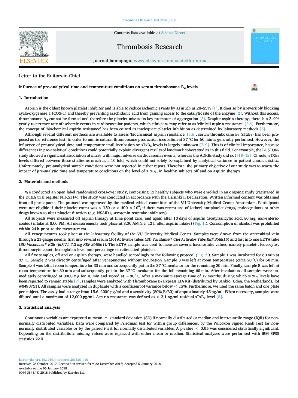 Influence of pre-analytical time and temperature conditions on serum thromboxane B2 levels