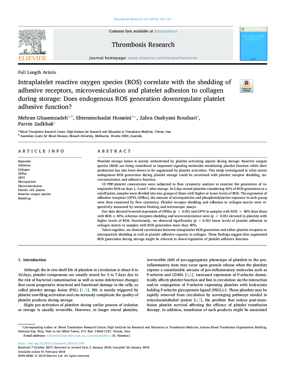 Intraplatelet reactive oxygen species (ROS) correlate with the shedding of adhesive receptors, microvesiculation and platelet adhesion to collagen during storage: Does endogenous ROS generation downregulate platelet adhesive function?