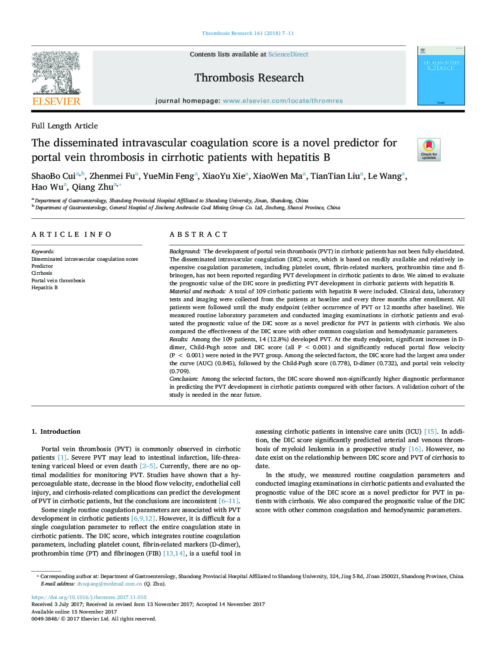 The disseminated intravascular coagulation score is a novel predictor for portal vein thrombosis in cirrhotic patients with hepatitis B