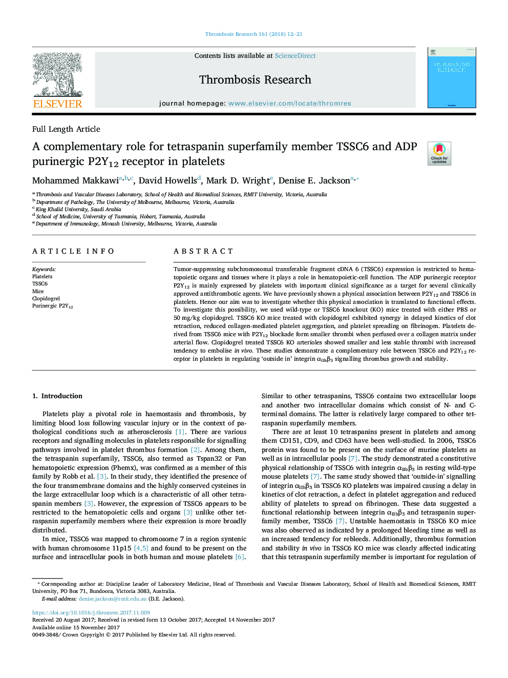 A complementary role for tetraspanin superfamily member TSSC6 and ADP purinergic P2Y12 receptor in platelets