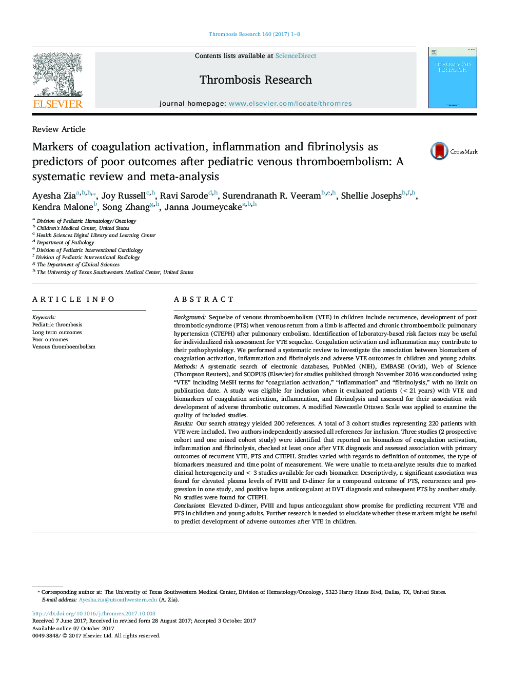 Markers of coagulation activation, inflammation and fibrinolysis as predictors of poor outcomes after pediatric venous thromboembolism: A systematic review and meta-analysis