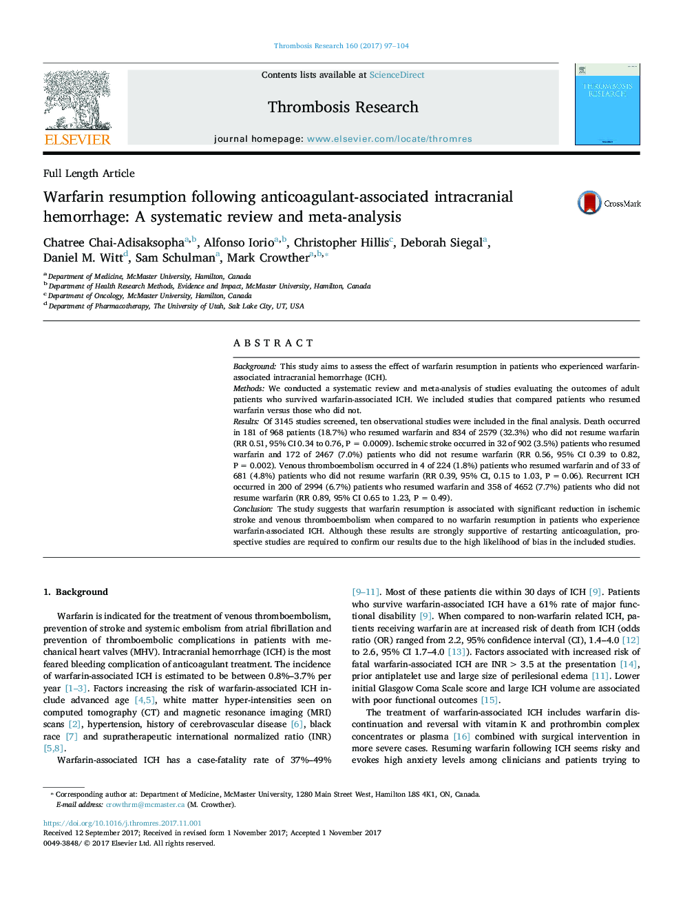 Warfarin resumption following anticoagulant-associated intracranial hemorrhage: A systematic review and meta-analysis