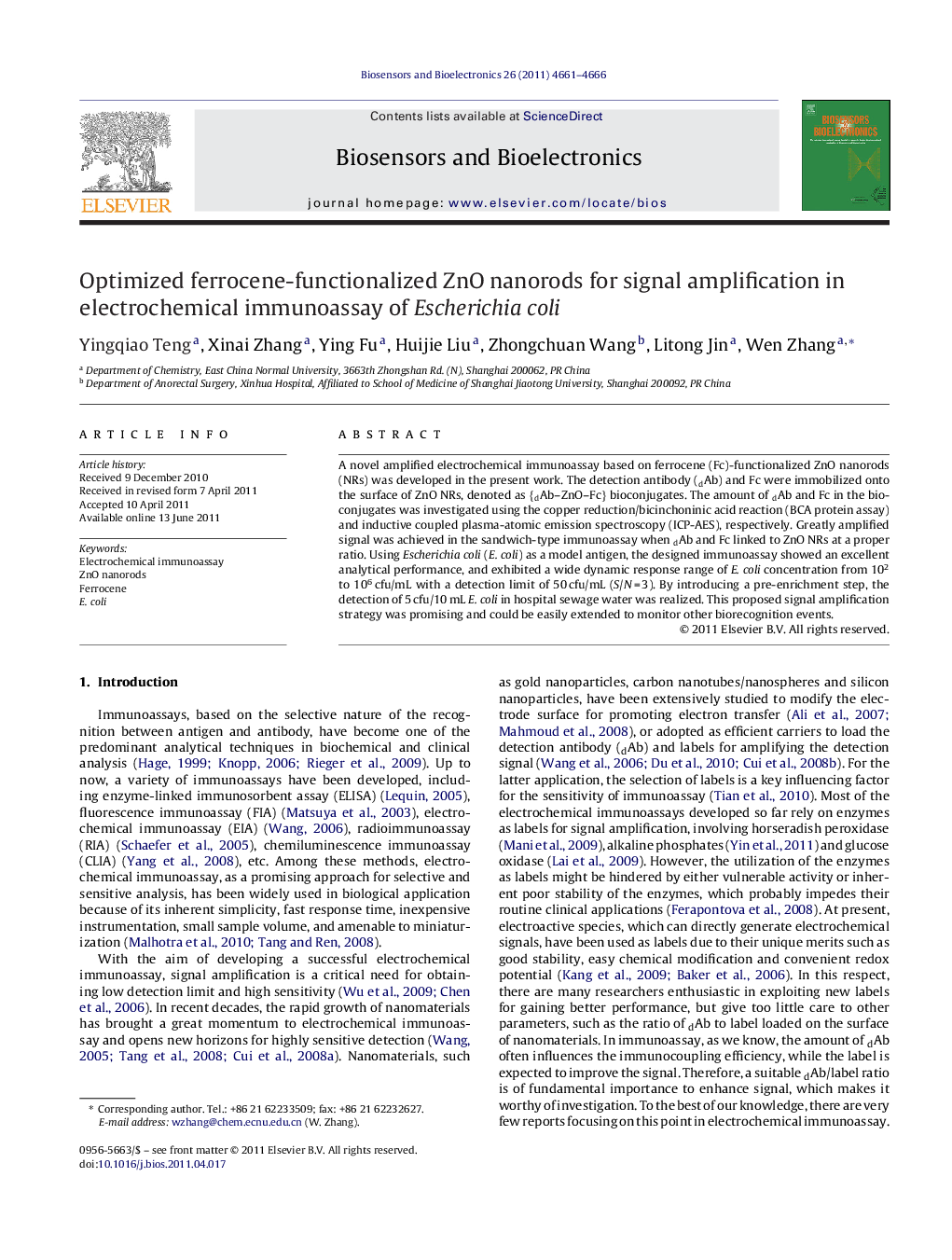 عکس صفحه اول مقاله: Optimized ferrocene-functionalized ZnO nanorods for signal amplification in electrochemical immunoassay of Escherichia coli Optimized ferrocene-functionalized ZnO nanorods for signal amplification in electrochemical immunoassay of Escherichia coli