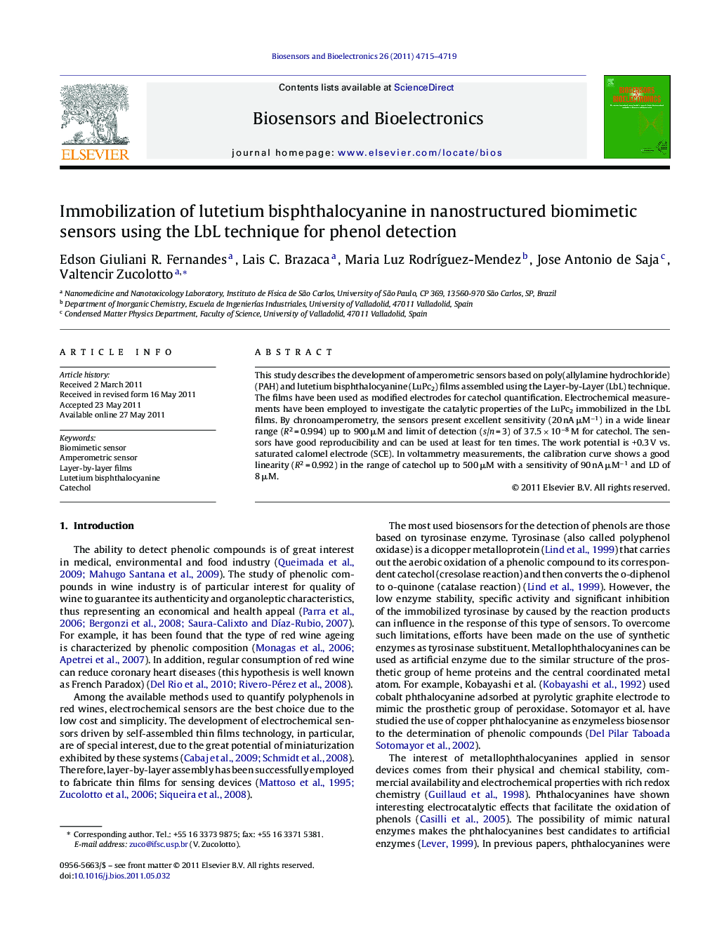 Immobilization of lutetium bisphthalocyanine in nanostructured biomimetic sensors using the LbL technique for phenol detection