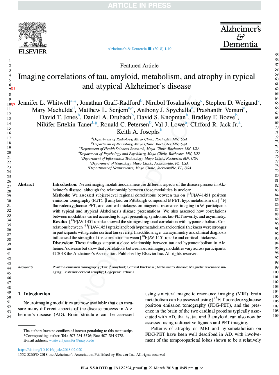 Imaging correlations of tau, amyloid, metabolism, and atrophy in typical and atypical Alzheimer's disease