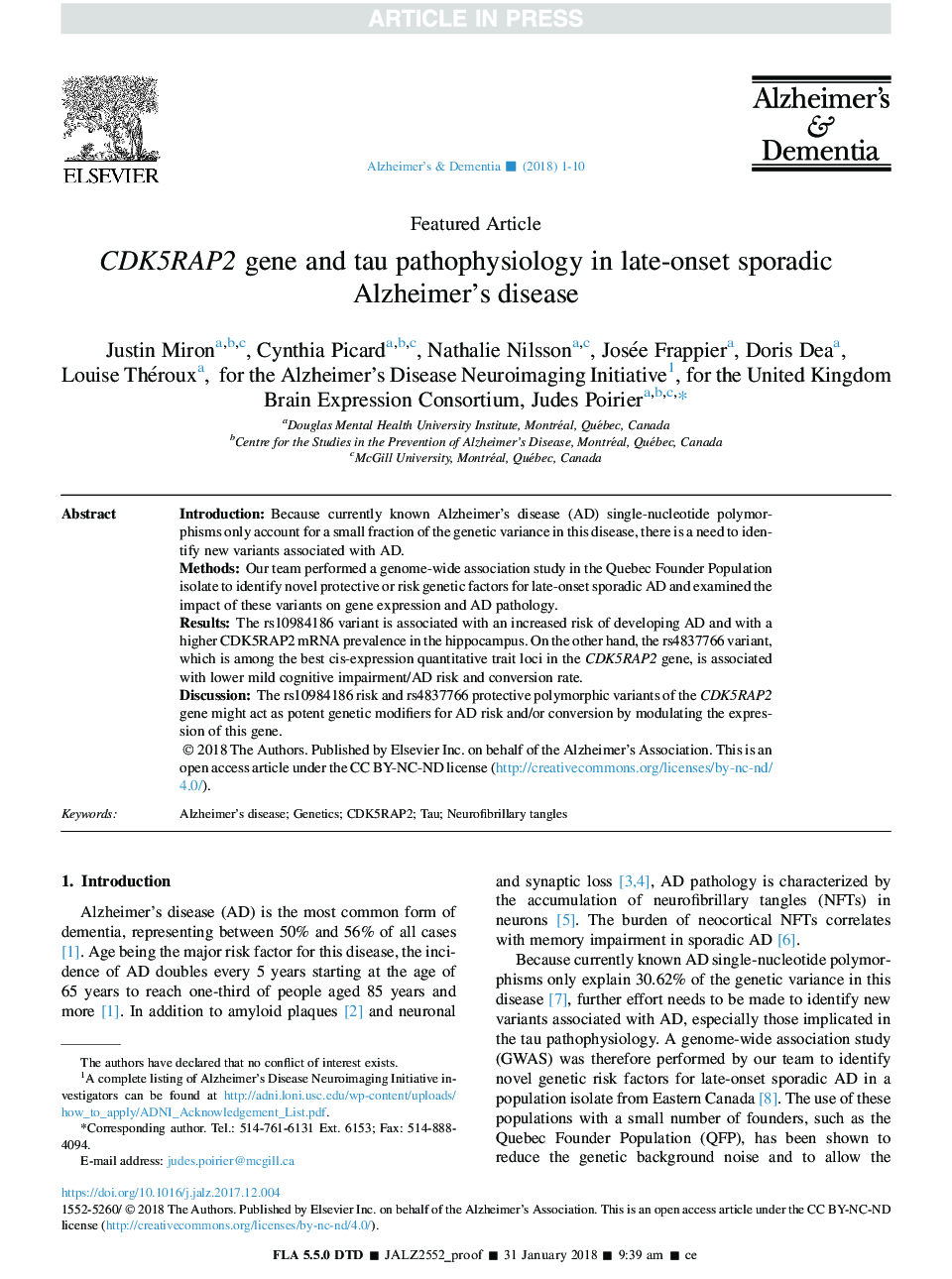 CDK5RAP2 gene and tau pathophysiology in late-onset sporadic Alzheimer's disease