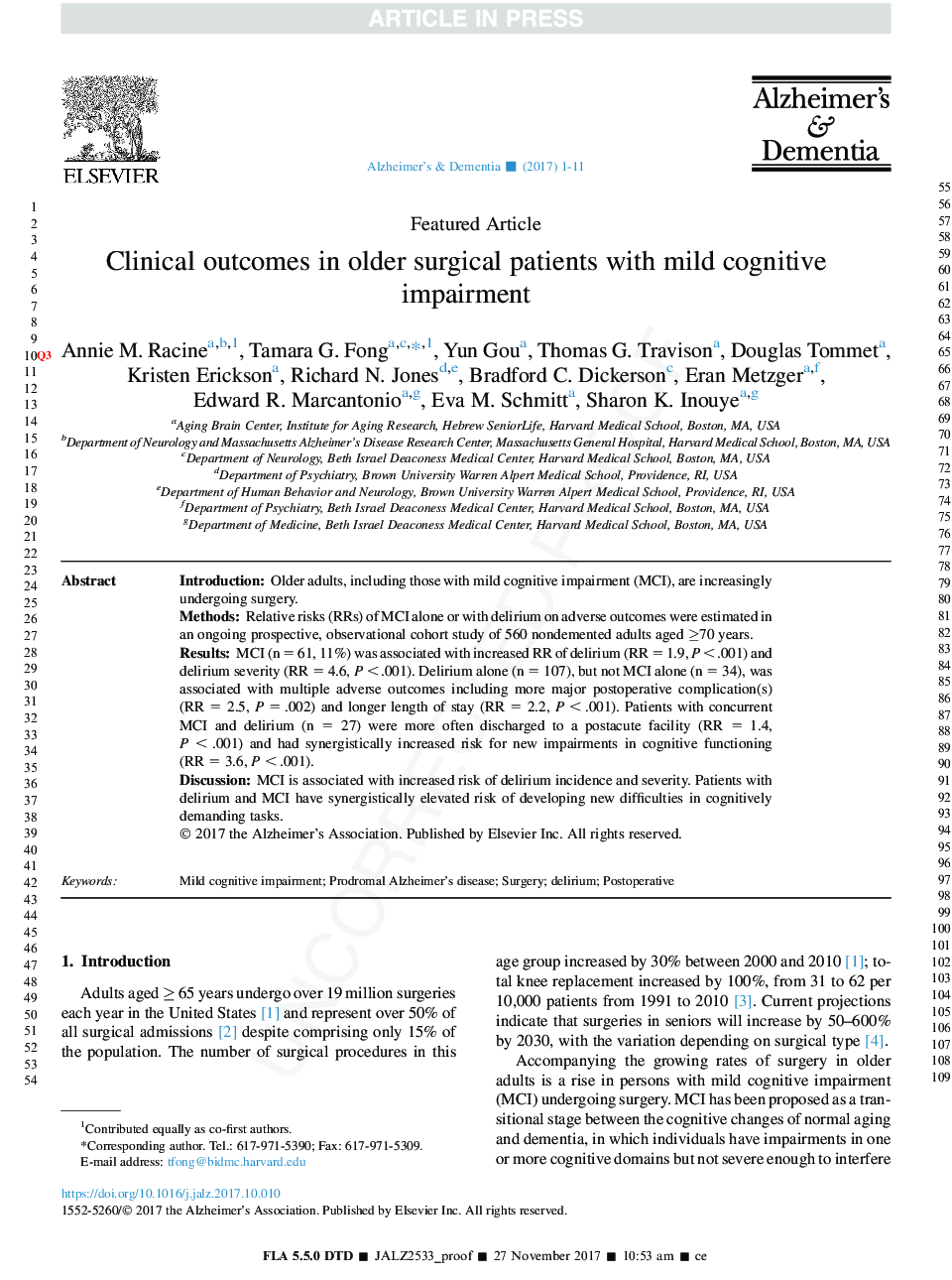 Clinical outcomes in older surgical patients with mild cognitive impairment