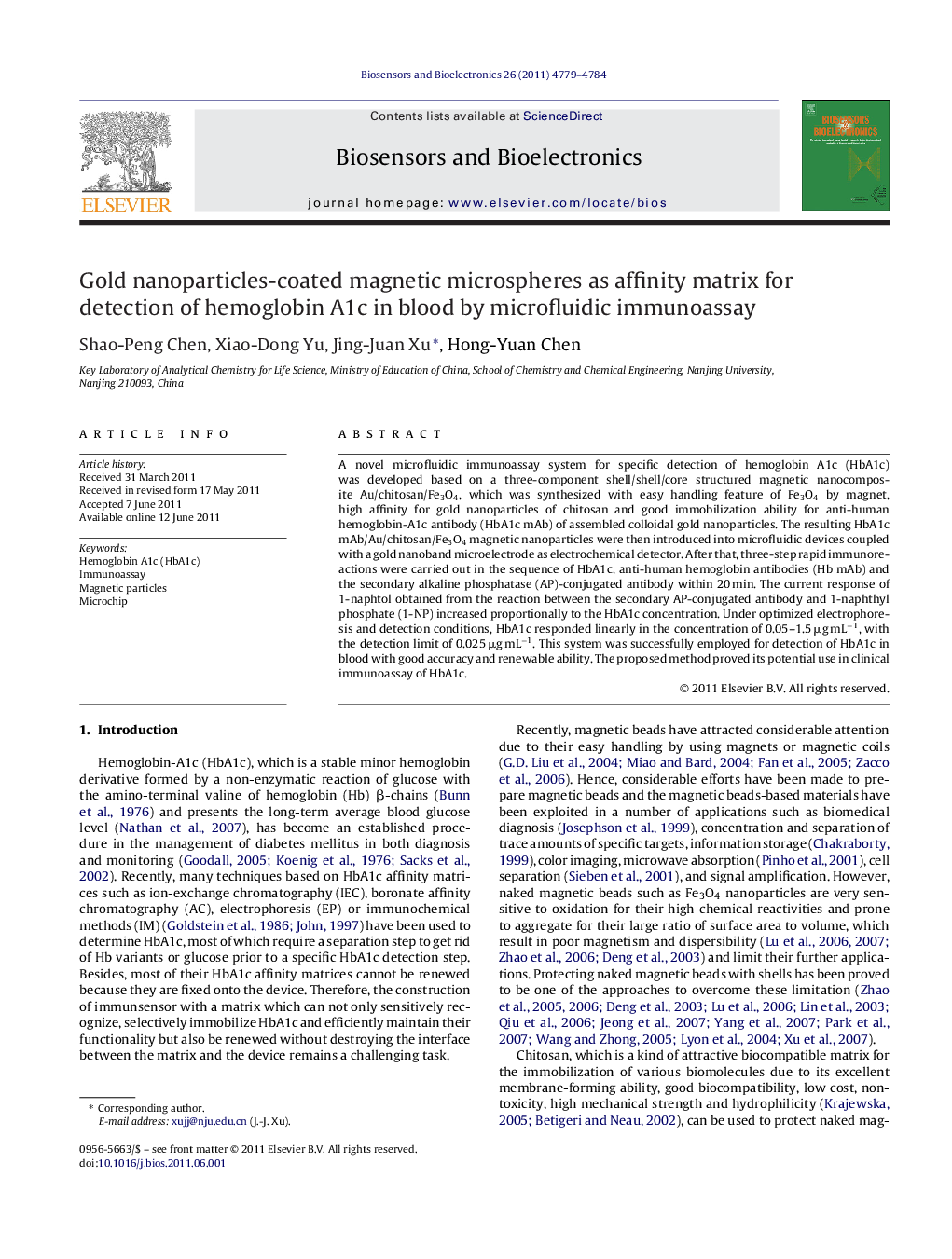 Gold nanoparticles-coated magnetic microspheres as affinity matrix for detection of hemoglobin A1c in blood by microfluidic immunoassay