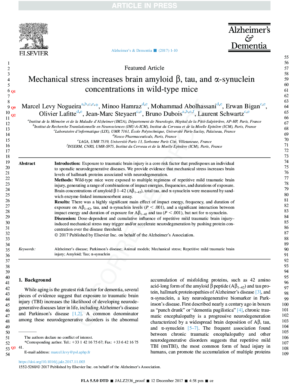 Mechanical stress increases brain amyloid Î², tau, and Î±-synuclein concentrations in wild-type mice