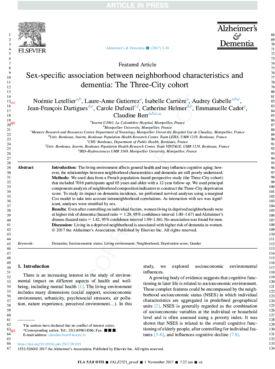 Sex-specific association between neighborhood characteristics and dementia: The Three-City cohort