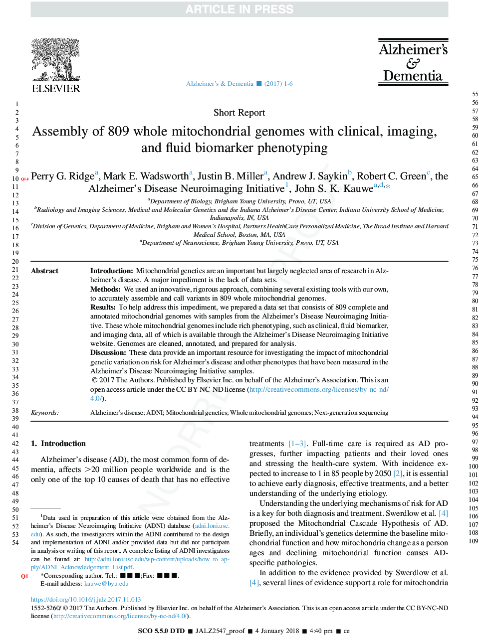 Assembly of 809 whole mitochondrial genomes with clinical, imaging, and fluid biomarker phenotyping