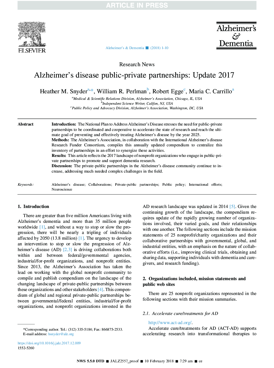 Alzheimer's disease public-private partnerships: Update 2017