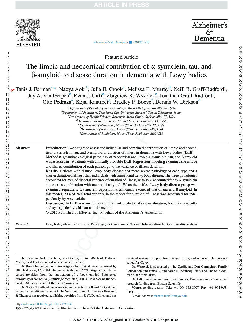 The limbic and neocortical contribution of Î±-synuclein, tau, and amyloid Î² to disease duration in dementia with Lewy bodies