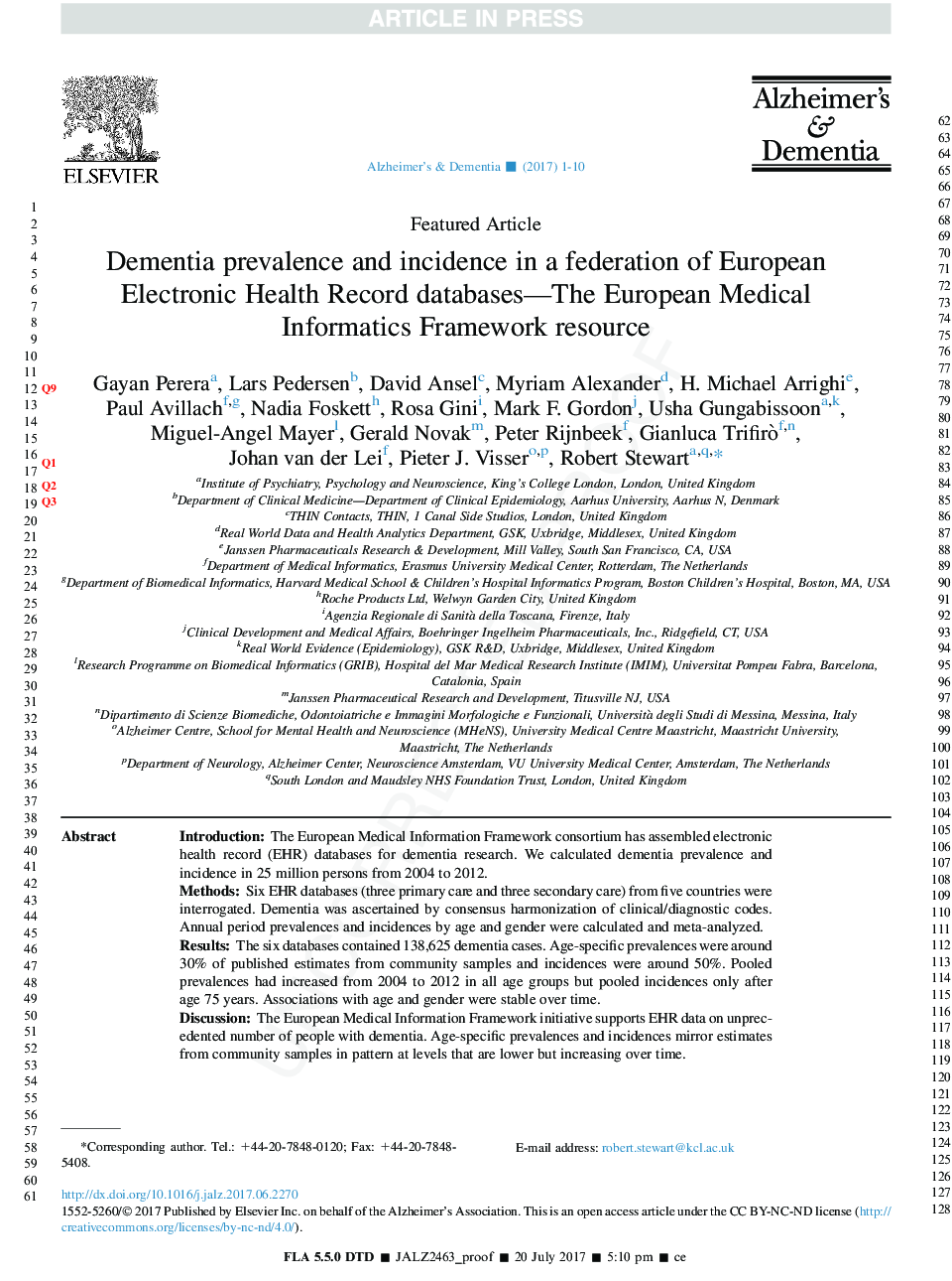 Dementia prevalence and incidence in a federation of European Electronic Health Record databases: The European Medical Informatics Framework resource