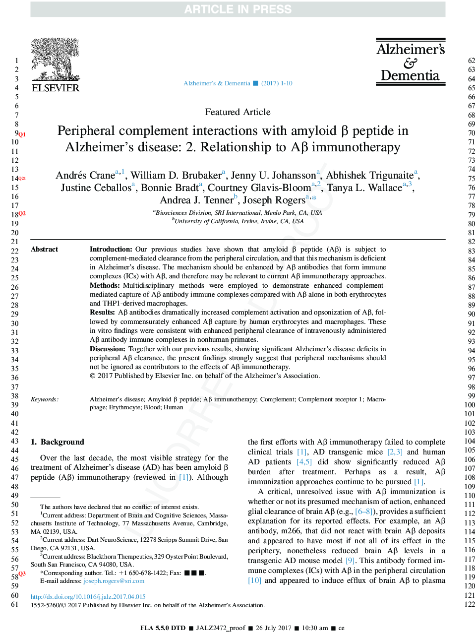 Peripheral complement interactions with amyloid Î² peptide in Alzheimer's disease: 2. Relationship to amyloid Î² immunotherapy